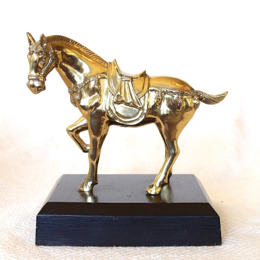 Vintage Brass metal Quarter Horse Statue Sculpture Wood Base golden figurine